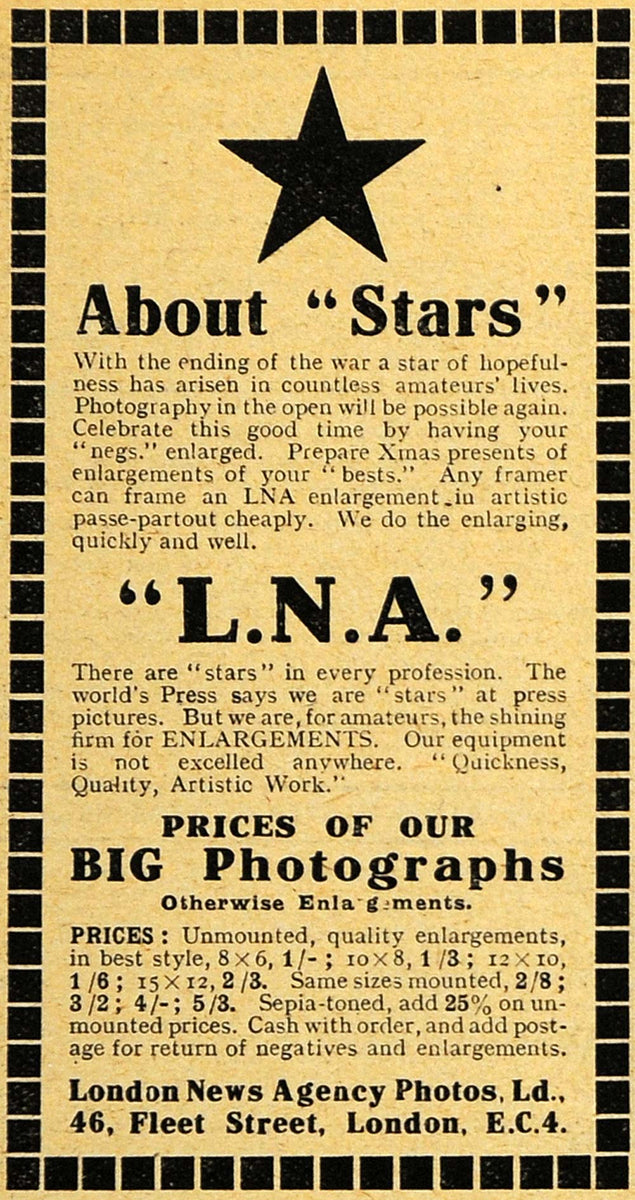 1918 Ad London News Agency LNA Photos Photograph Enlarging Film Camera ...