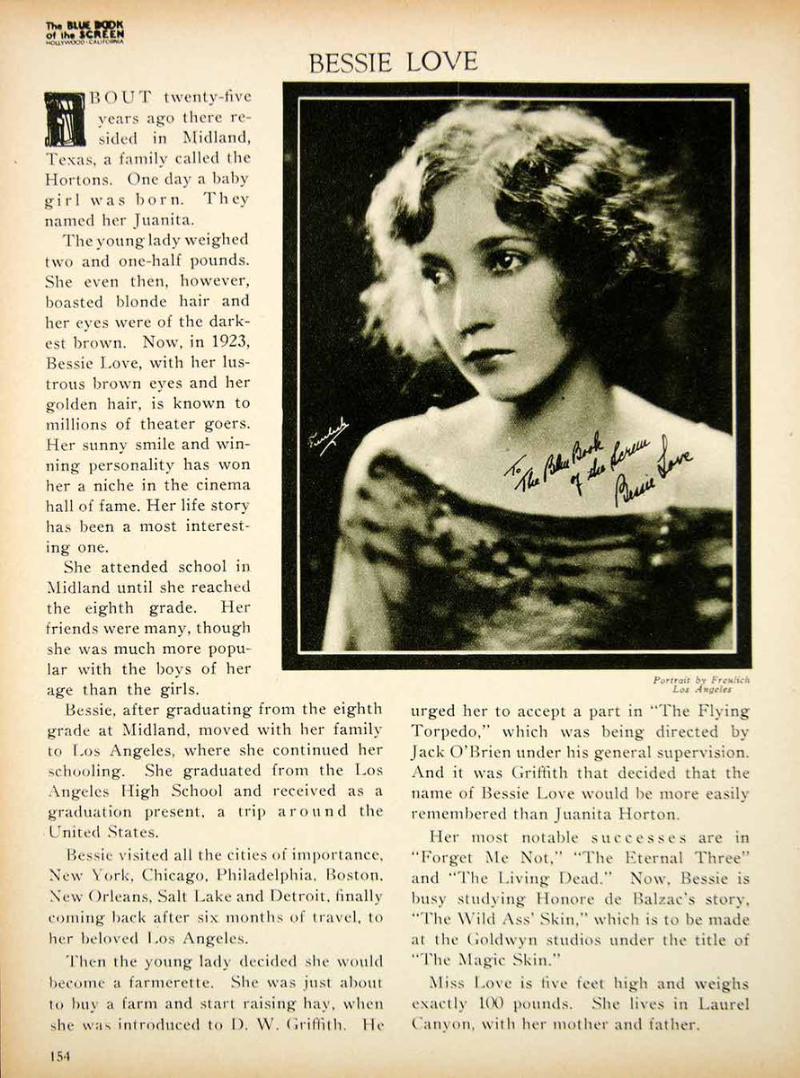 1923 Print Bessie Love Silent Film Actress Movie Star Portrait Biograp