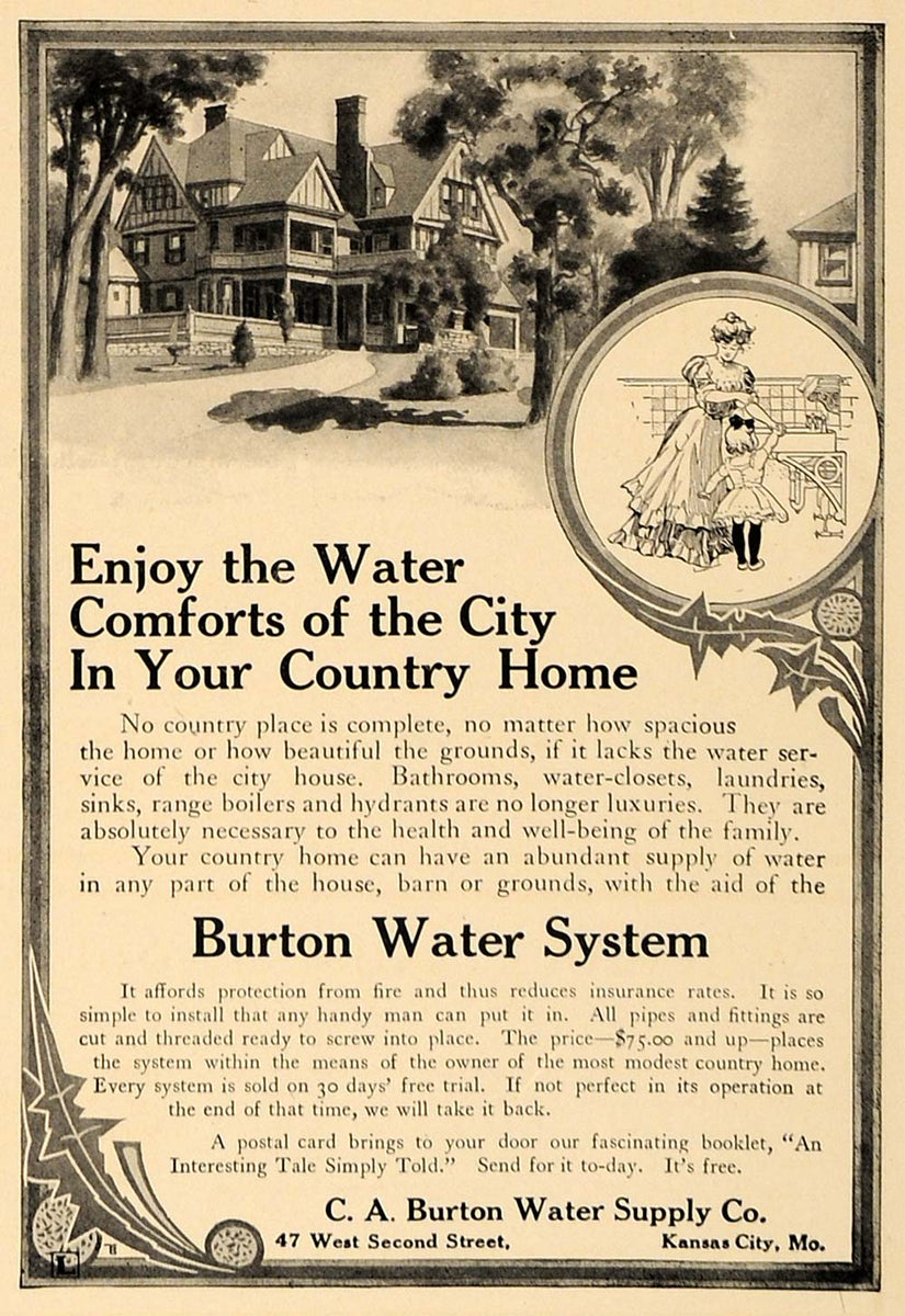 1907 Ad C.A. Burton Water System Country Home Pricing ORIGINAL ADVER