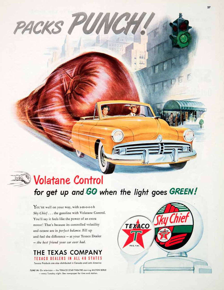 1951 Ad Texaco Sky Chief Gasoline Volatane Control Texas Company Packs