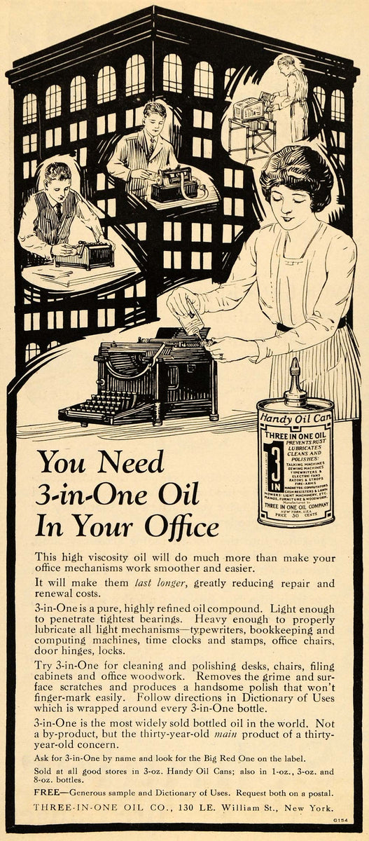 1913 Vintage Ad Three-in-One 3 in 1 Lubricating Oil - ORIGINAL