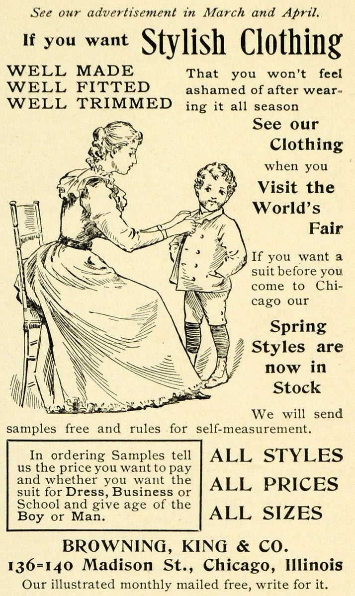 1893 Ad Browning King Stylish Clothing Chicago World's Fair Fashion Mo –  Period Paper Historic Art LLC