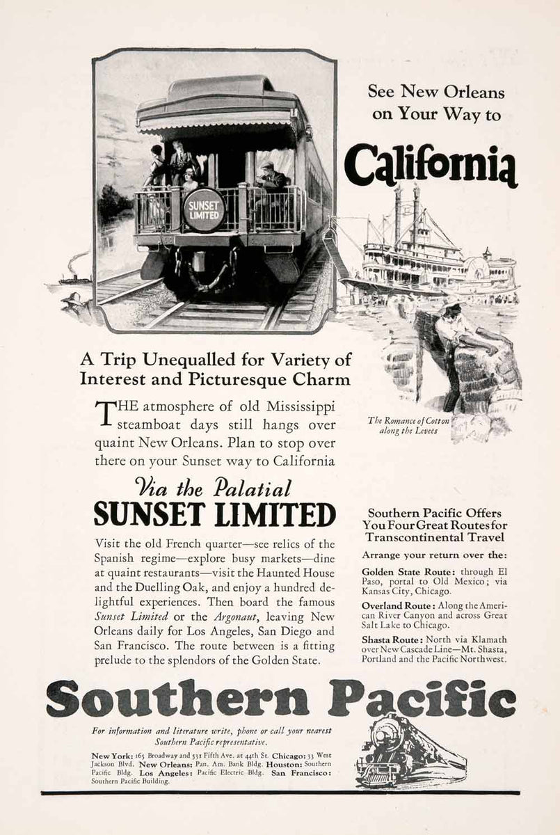 Southern Pacific Sunset Limited Vintage Ad Railroad Train New Orleans LA