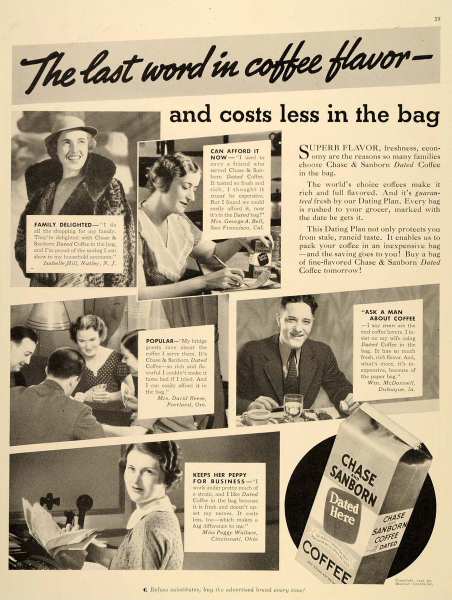 1937 Ad Chase Sanborn Dated Coffee Drinkers Package Bag Hot Beverage D –  Period Paper Historic Art LLC