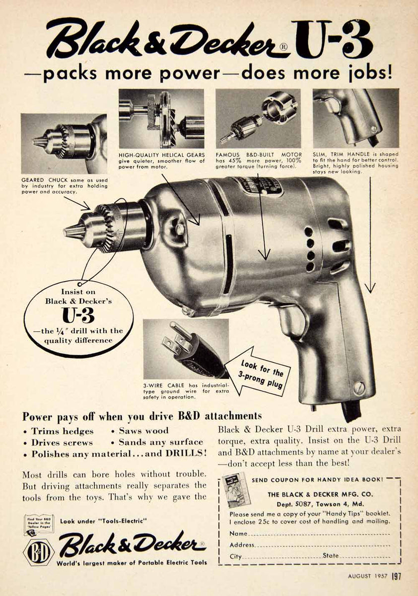 1942 Ad Black Decker Electric Tools Sander Drill Mine Sweeper WWII Hus –  Period Paper Historic Art LLC