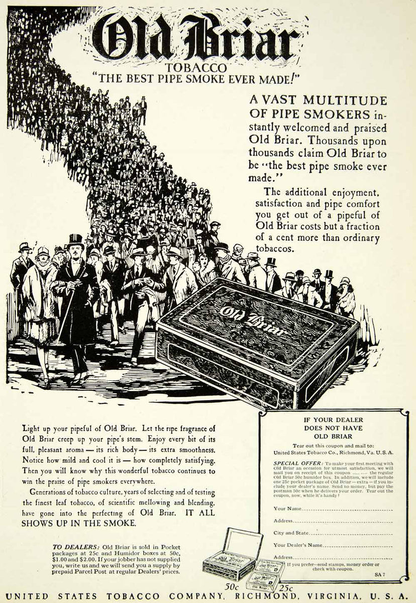 1927 Ad Old Briar Tobacco Pipe Smoking Smoker United States