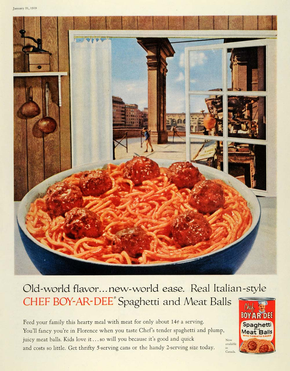 1959 Ad Florence Italian Spaghetti Meat Balls Tomato Sauce Chef Boy-Ar –  Period Paper Historic Art LLC