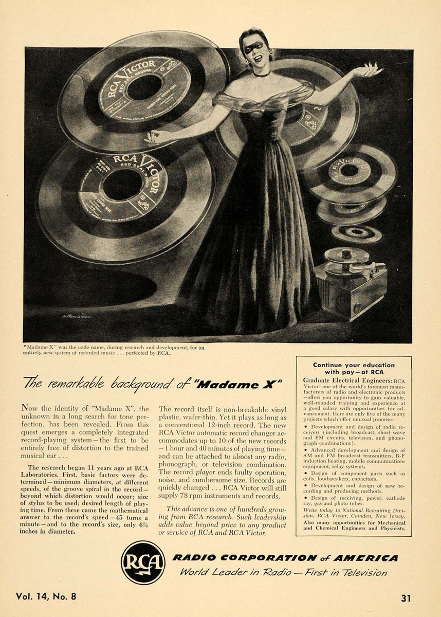 1949 Ad RCA Victor Records Madame X Vinyl Lady Singing 