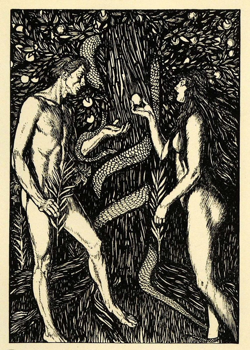 1920 Wood Engraving Edmund J. Sullivan Art Nude Adam Eve Apple Serpent