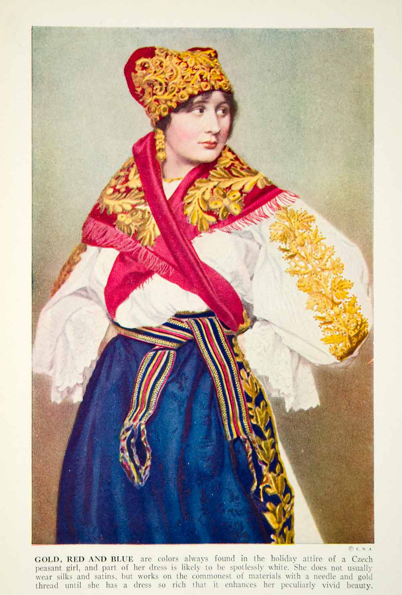 1938 Color Print Czech Peasant Woman Holiday Attire Traditional Dress