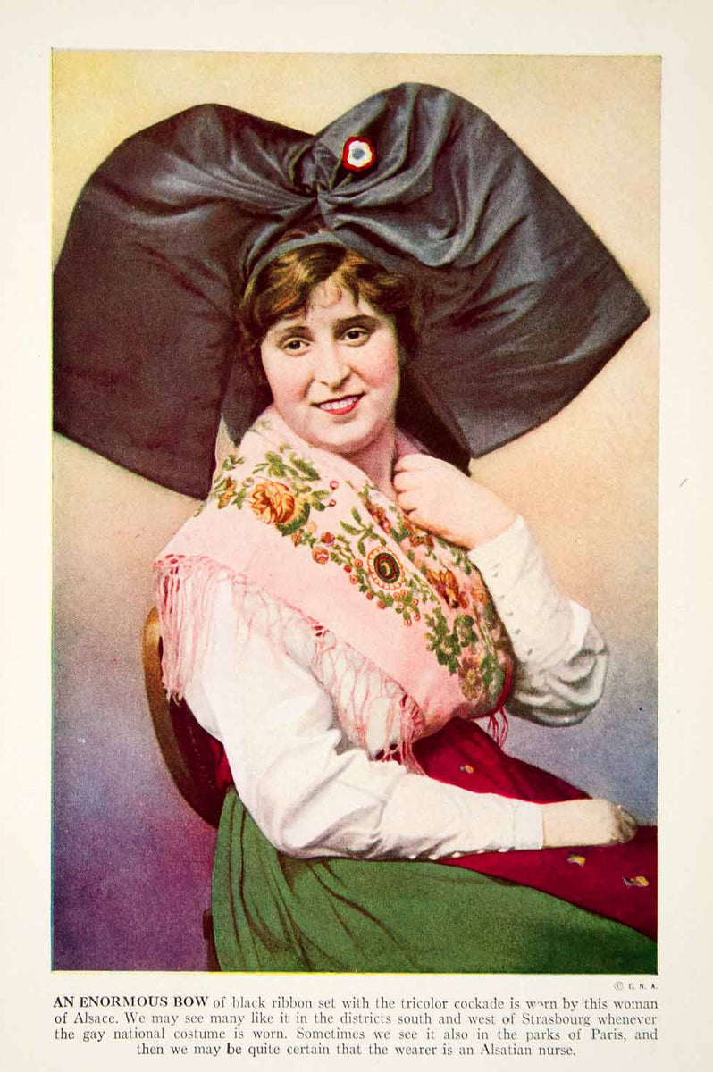 1938 Color Print Portrait Woman Bow Hat Cockade Alsace France Europe X