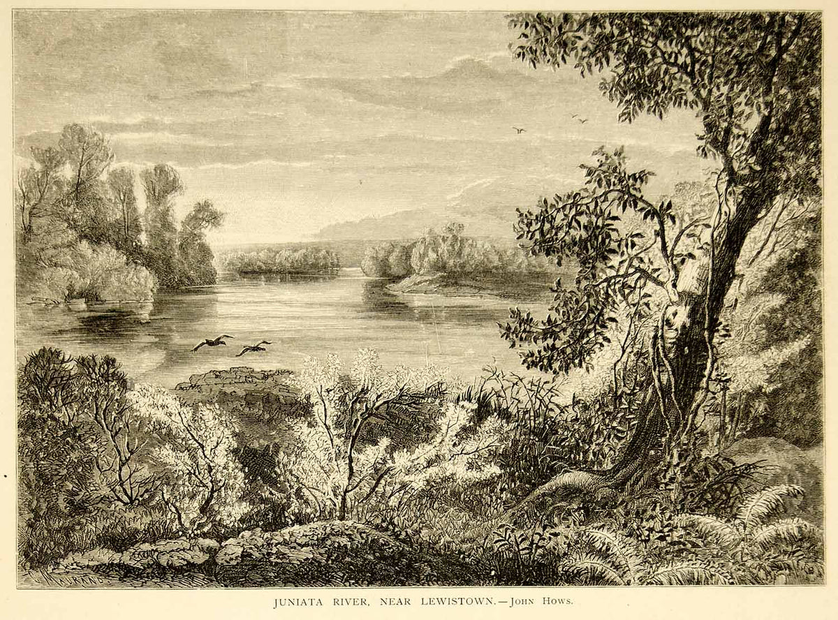 1874 Wood Engraving John Hows Art Juniata River Lewiston PA Landscape –  Period Paper Historic Art LLC