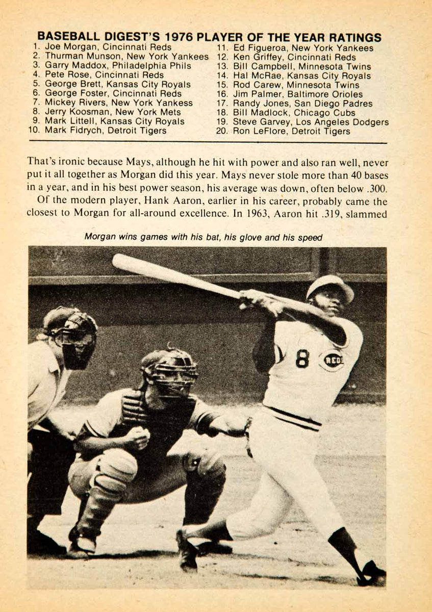1976 Article MLB Baseball Sports Memorabilia Joe Morgan Cincinnati Red –  Period Paper Historic Art LLC