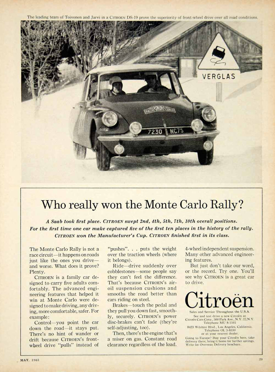 1963 Ad Citroen DS19 4Door Sedan MidSize Car Monte Carlo Rally