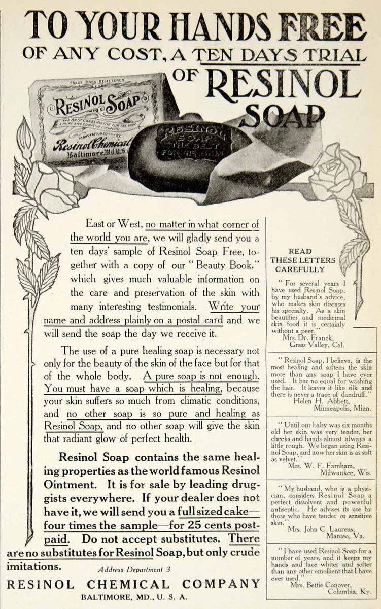 1906 Ad Resinol Soap Complexion Skin Pores Magnified - ORIGINAL