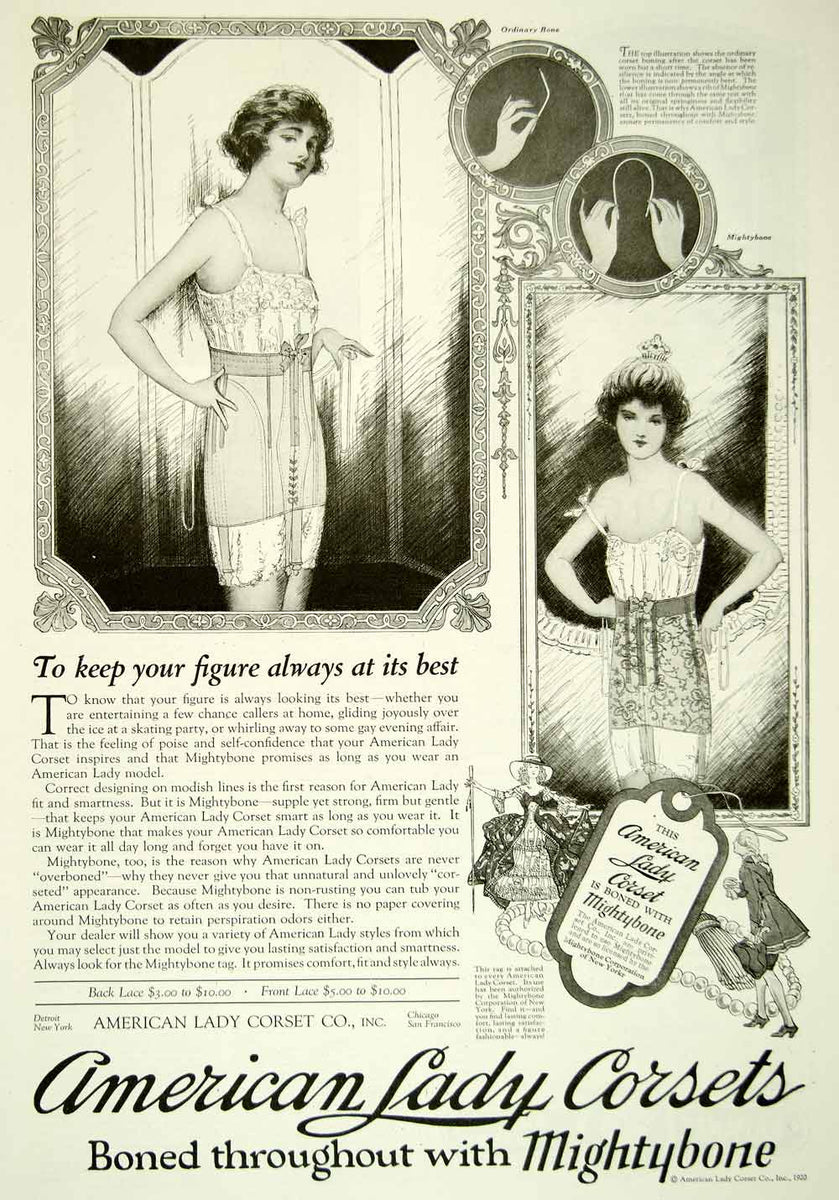 Vintage 1921 AMERICAN LADY CORSETS Mightybone Lingerie Fashion 1920's Print  Ad