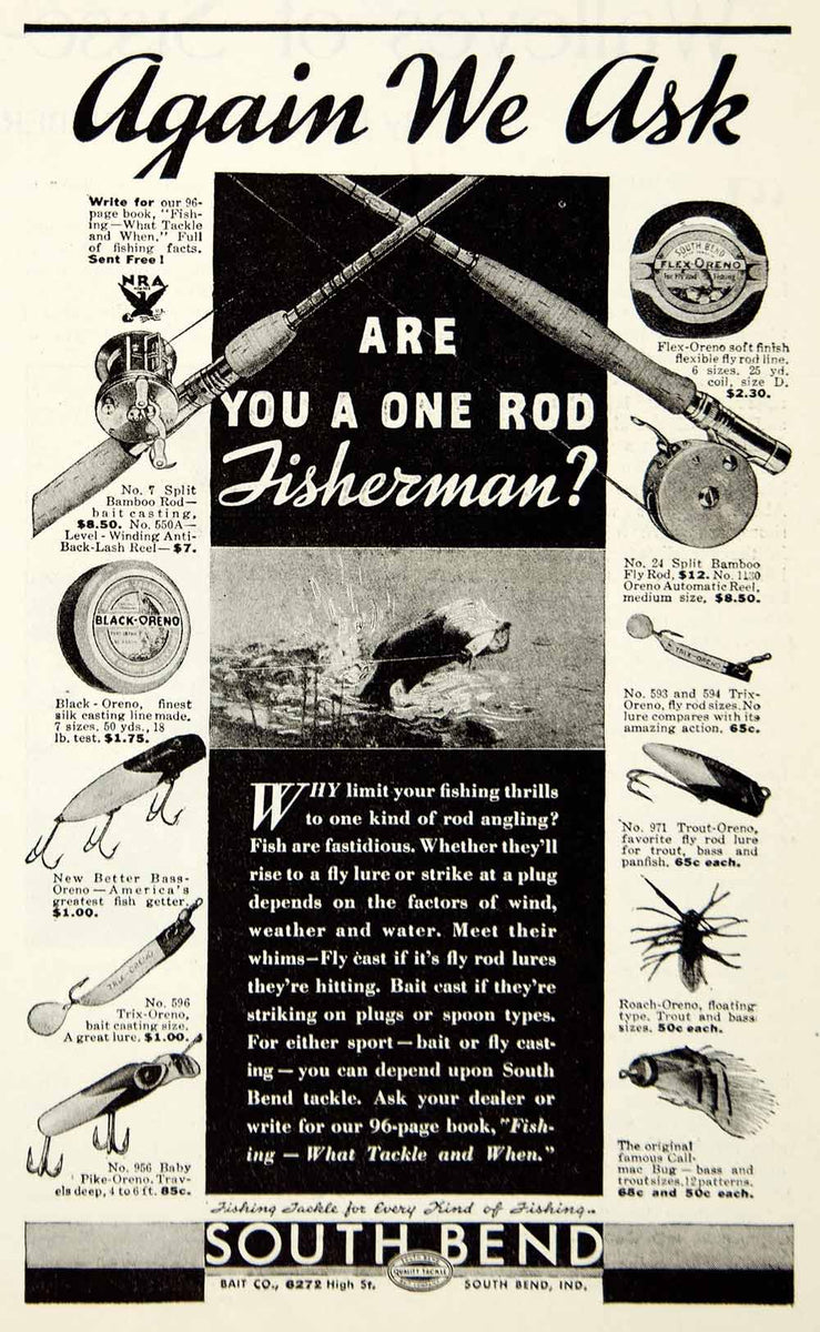 1938 PAPER AD Fishing Rod Salt Water Heddon Steel Medium Heavy Tackle South  Bend 
