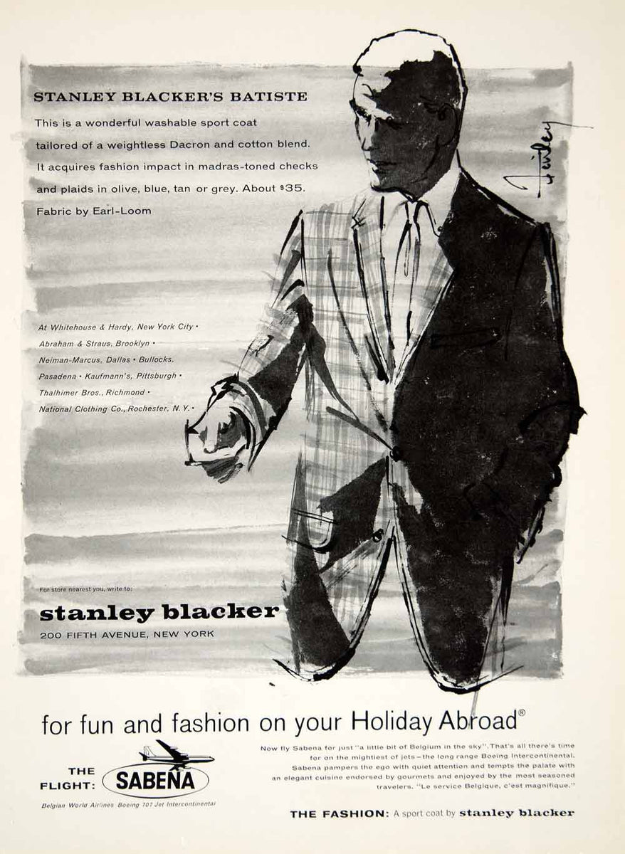 1960 Ad Vintage Stanley Blacker Batiste Sport Coat Fashion 60s