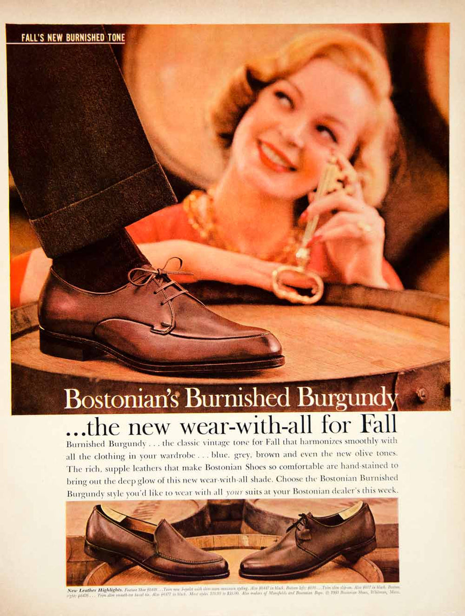 1960 Ad Vintage Bostonian Burnished Burgundy Leather Shoes Fashion YMM