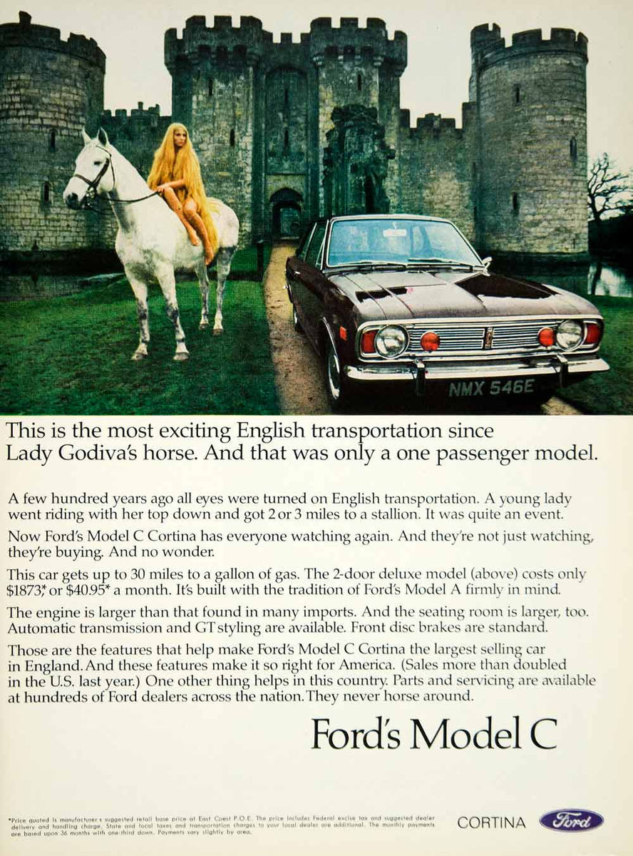 1968 Ad Ford Model C Cortina Automobile Nude Lady Godiva Horse Castle –  Period Paper Historic Art LLC