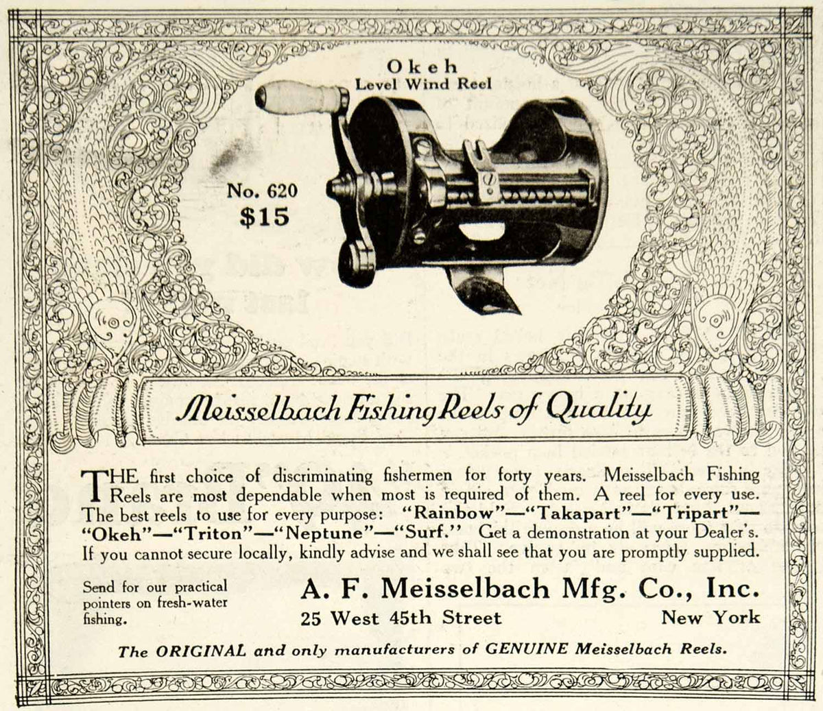 1925 Ad AF Meisselbach Fishing Reel 25 W 45th St NYC Bait Tackle Sport
