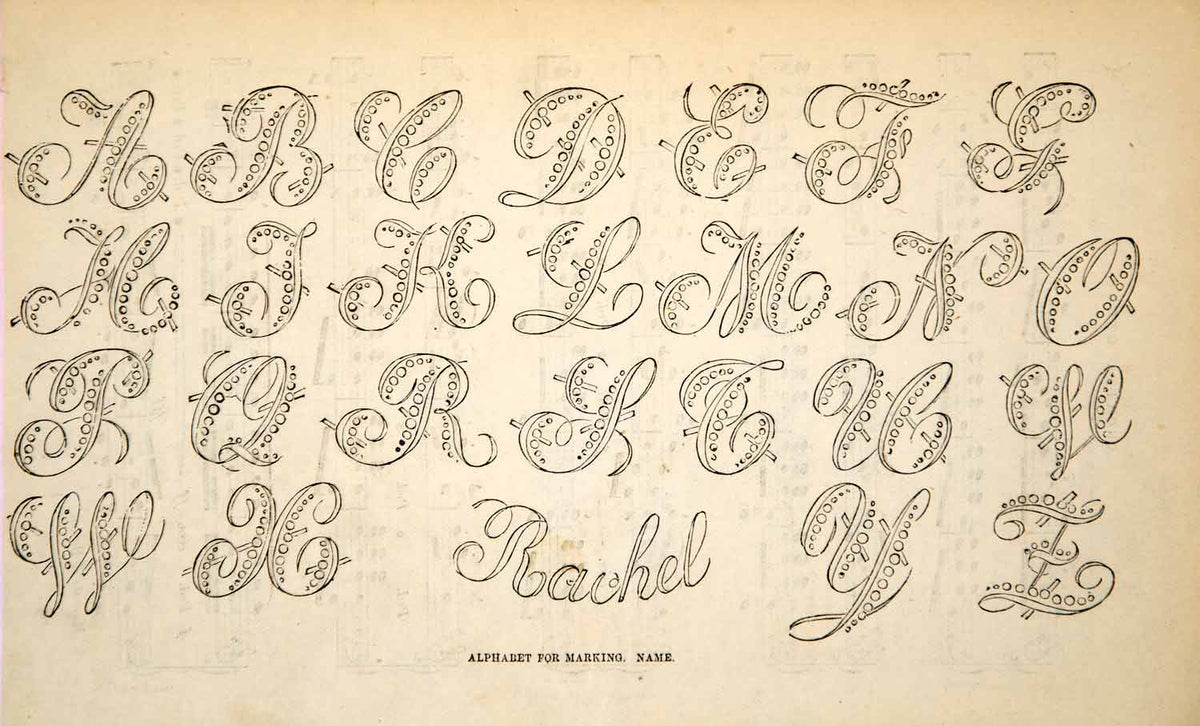 1870 Wood Engraving Victorian Alphabet Pattern Needlework Handiwork Le