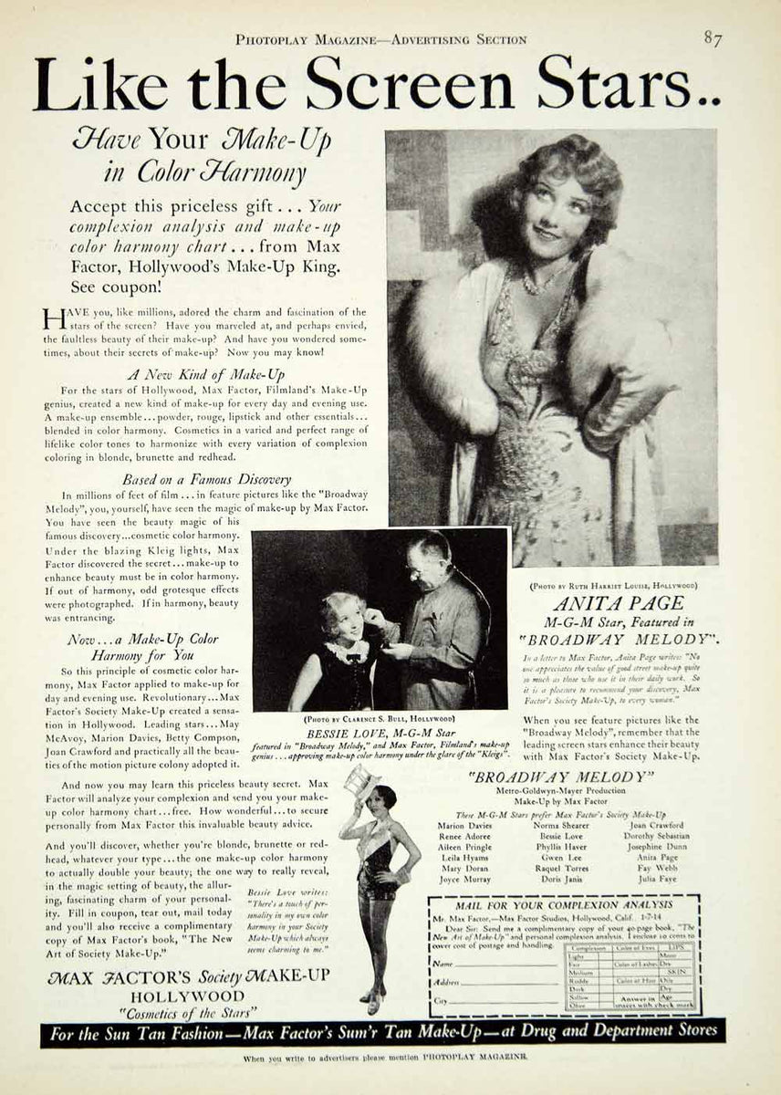 1929 Ad Max Factor Society Makeup Cosmetic Hollywood Star Anita Page Bessie  YPP3