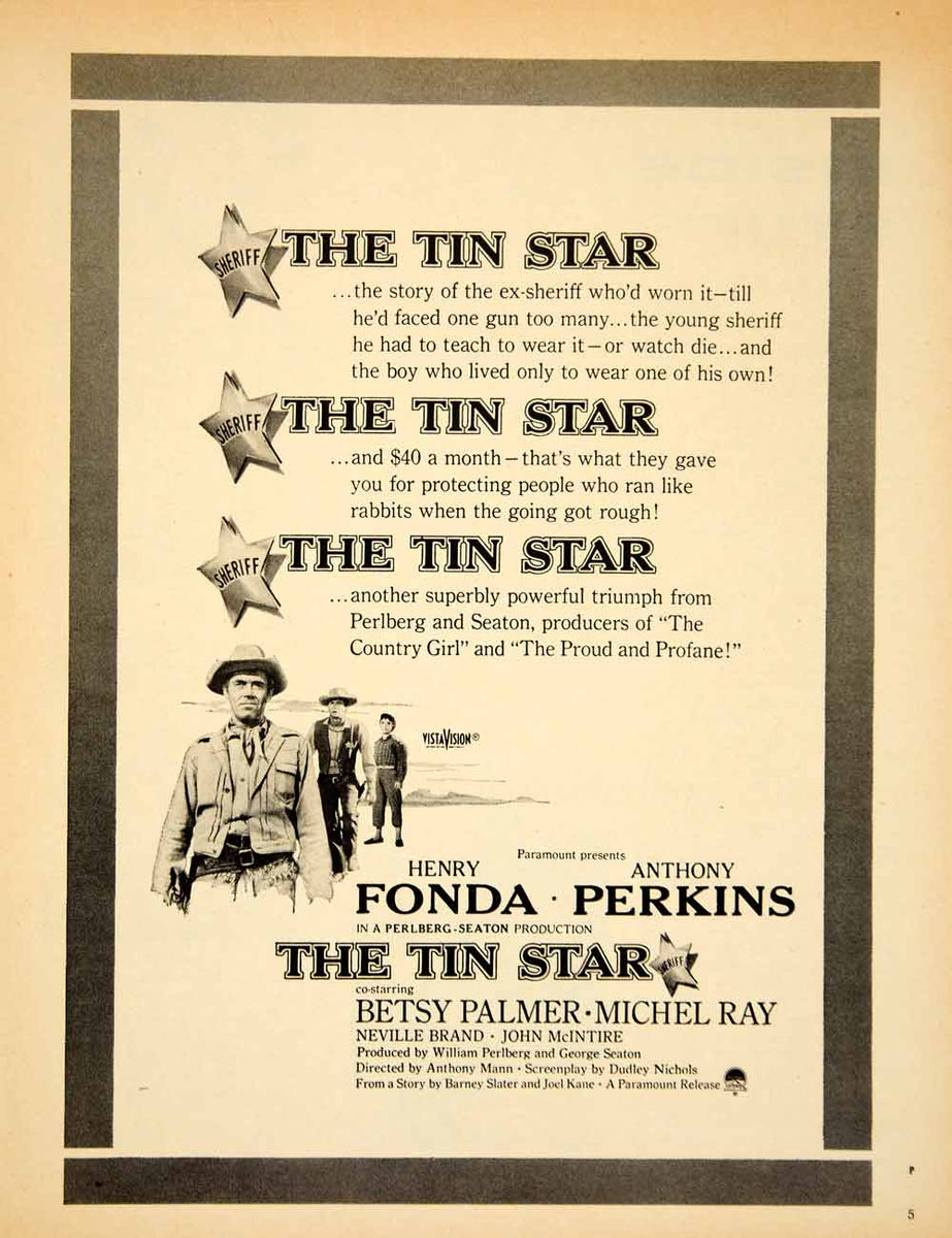 1957 Ad Movie Tin Star Henry Fonda Anthony Perkins Betsy Palmer Wester –  Period Paper Historic Art LLC