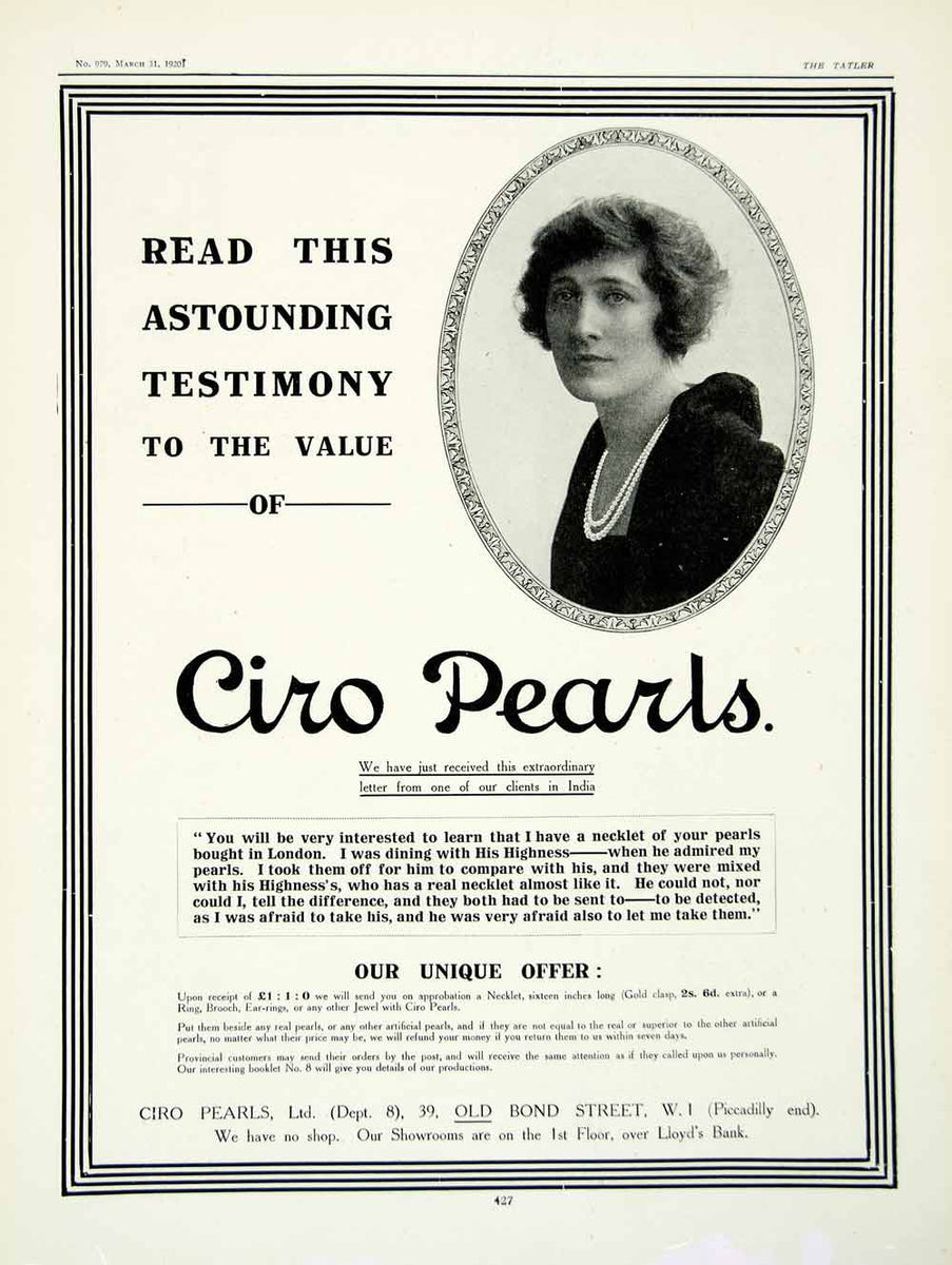 1918 Ad Ciro Pearls Jewelry London Piccadilly Lloyds Bank Portrait