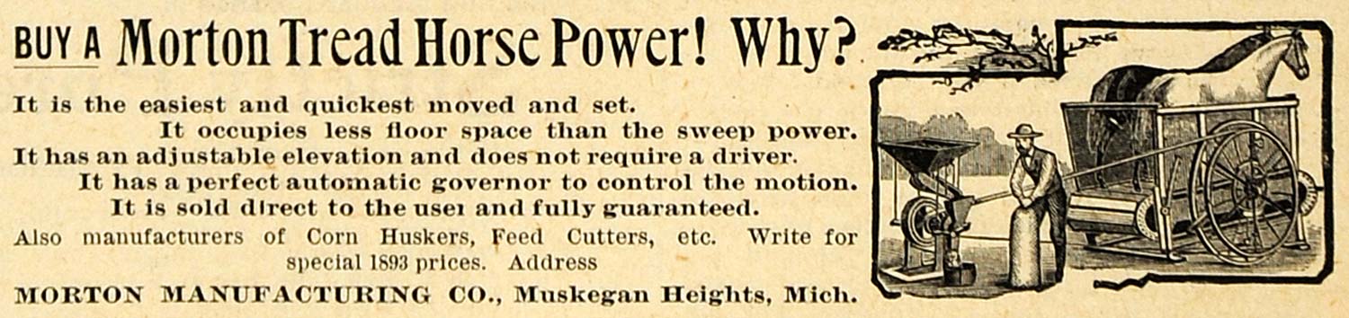1893 Ad Morton Tread Horse Power Machine Muskegon Michigan Agriculture AAG1