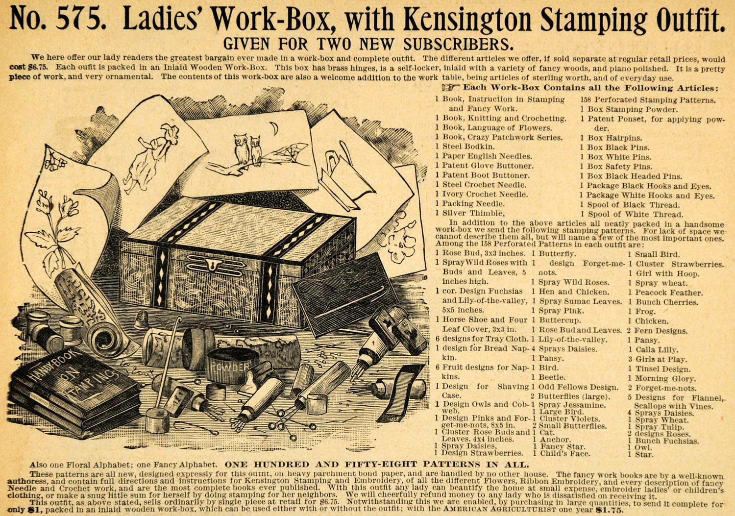 1892 Ad American Agriculturist Subscribers Gift Ladies Sewing Kit Box AAG1