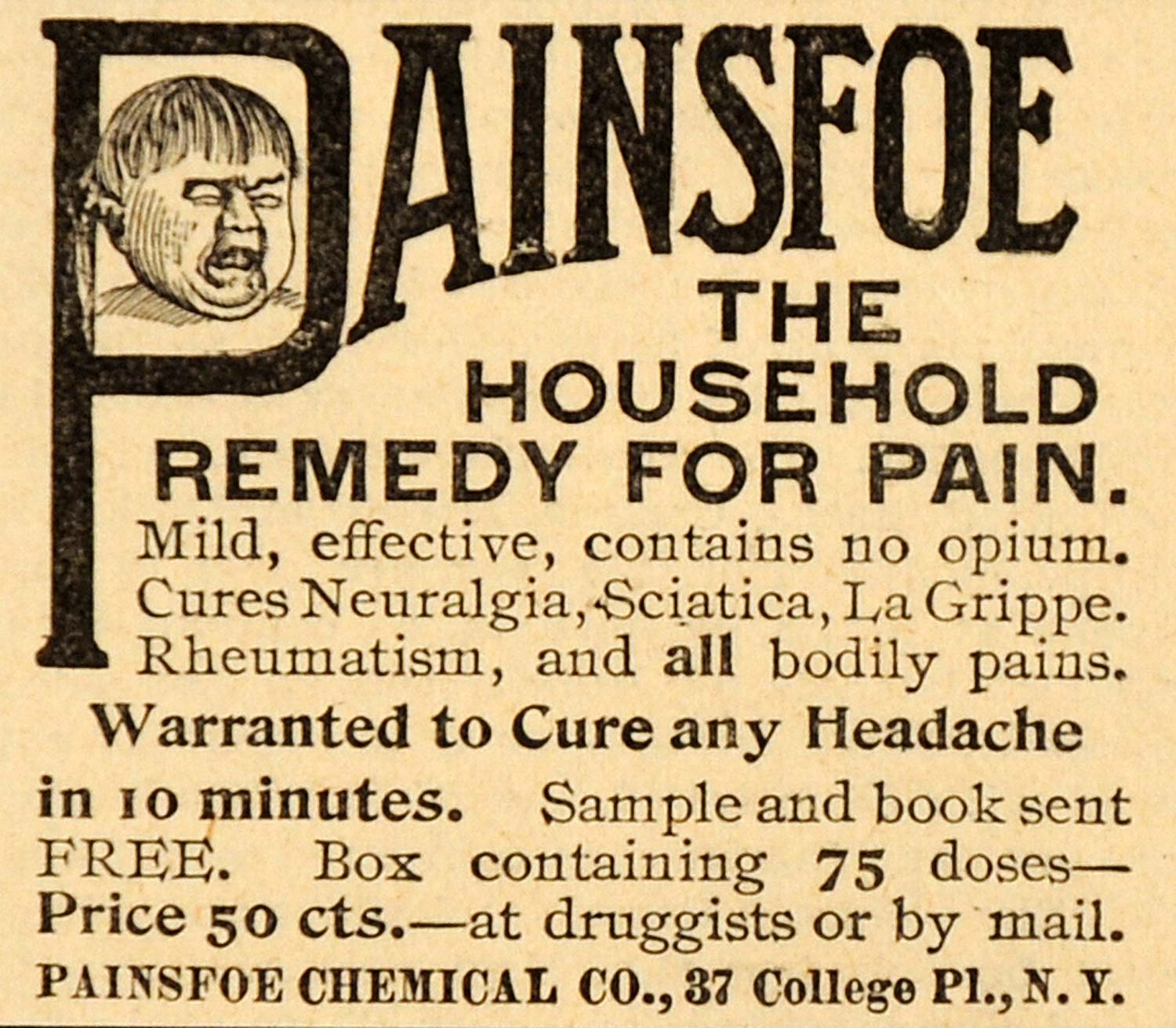 1893 Ad Painsfoe Chemical Headache Cure Sciatica Neuralgia Rheumatism La AAG1