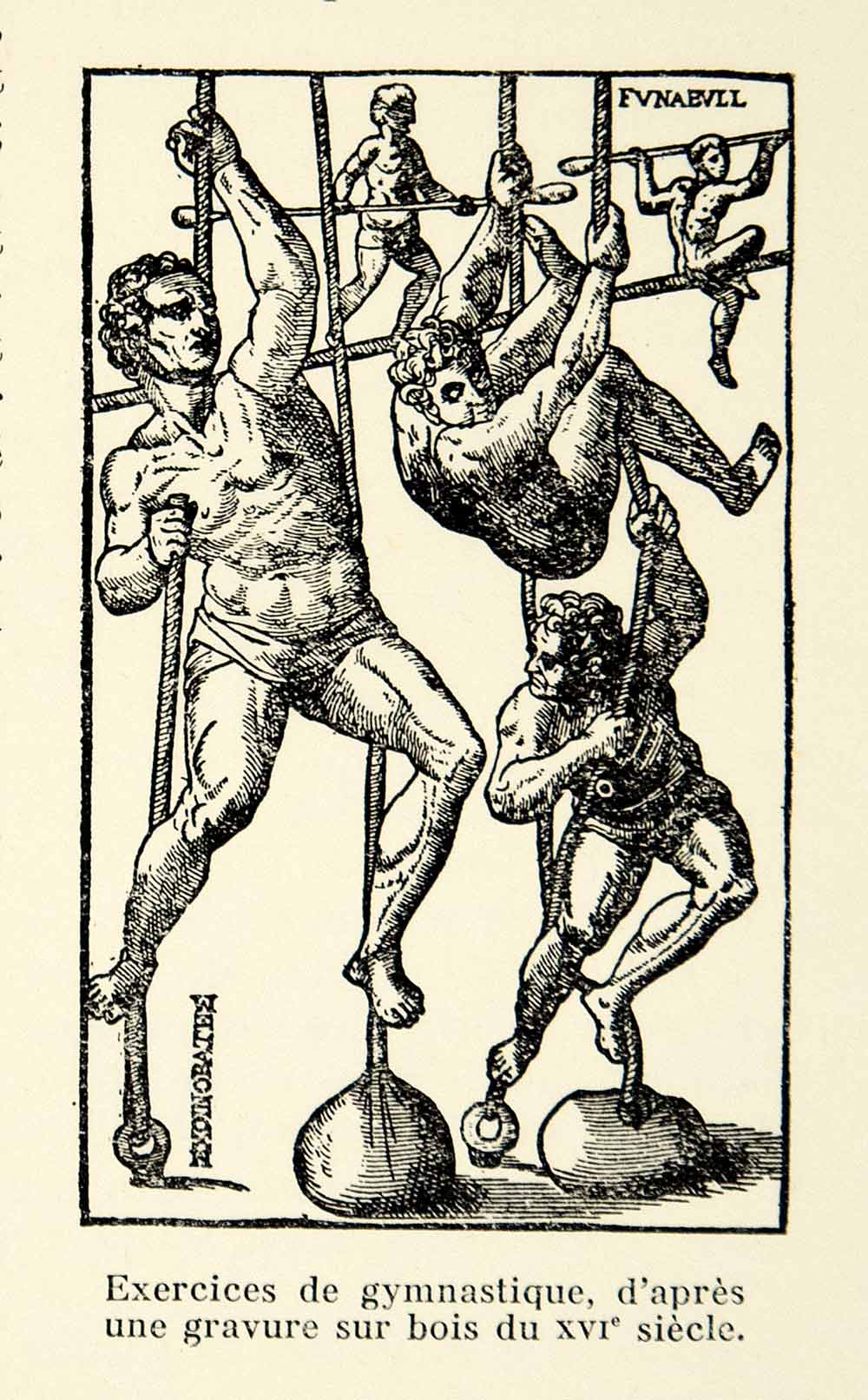 1931 Lithograph Gymnastics Gymnasts 16th Century Men Athletes Exercise Rope AEC2