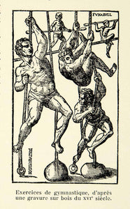 1931 Lithograph Gymnastics Gymnasts 16th Century Men Athletes Exercise Rope AEC2