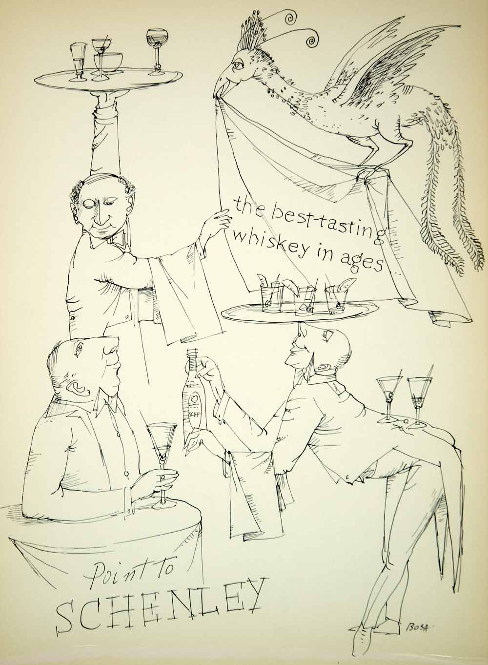 1954 Lithograph Louis Bosa Art Schenley Liquor Whiskey Martini Waiters Bar AEFA2