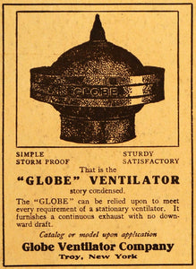 1915 Ad Globe Ventilator Home Exhaust Troy New York Storm Proof Model ARC3