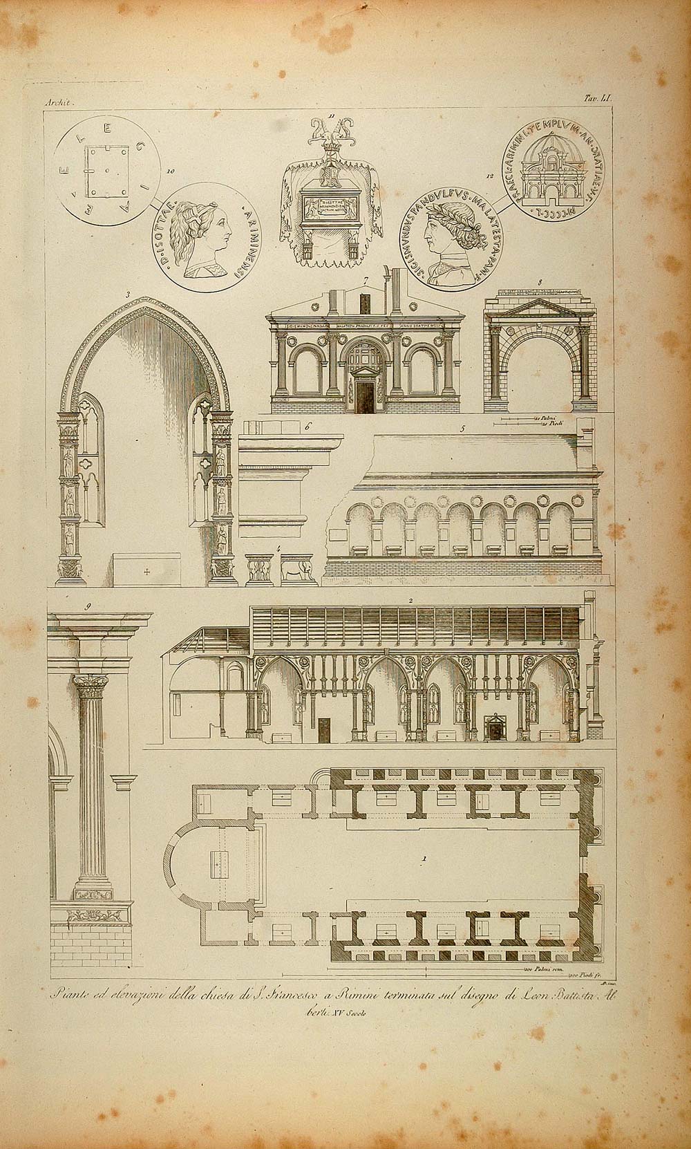 1845 Engraving Architecture Tempio Malatestiano Rimini - ORIGINAL ARCH8