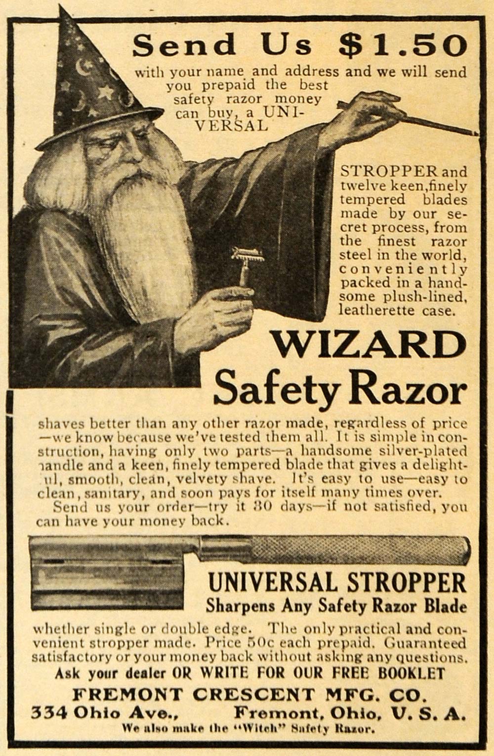 1909 Ad Wizard Safety Razor Fremont Crescent Shaving - ORIGINAL ADVERTISING ARG1