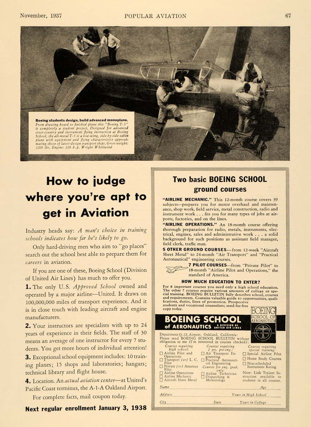 1937 Ad Boeing School Aeronautic Airline Mechanic Plane - ORIGINAL AV1