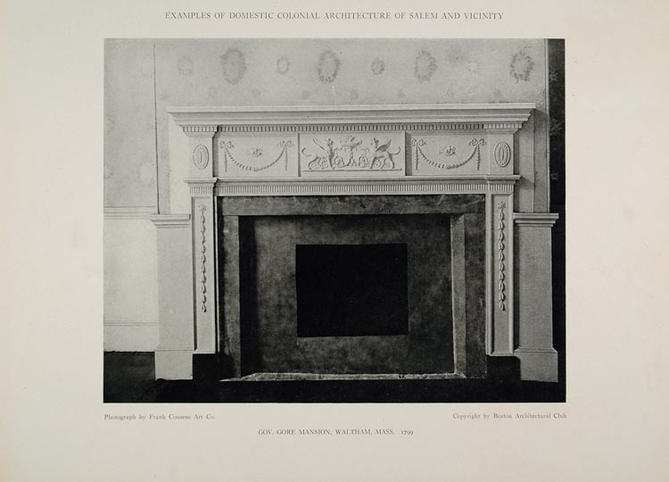 1911 Print Mantel Fireplace Gov. Gore Place Waltham MA ORIGINAL HISTORIC BAC1