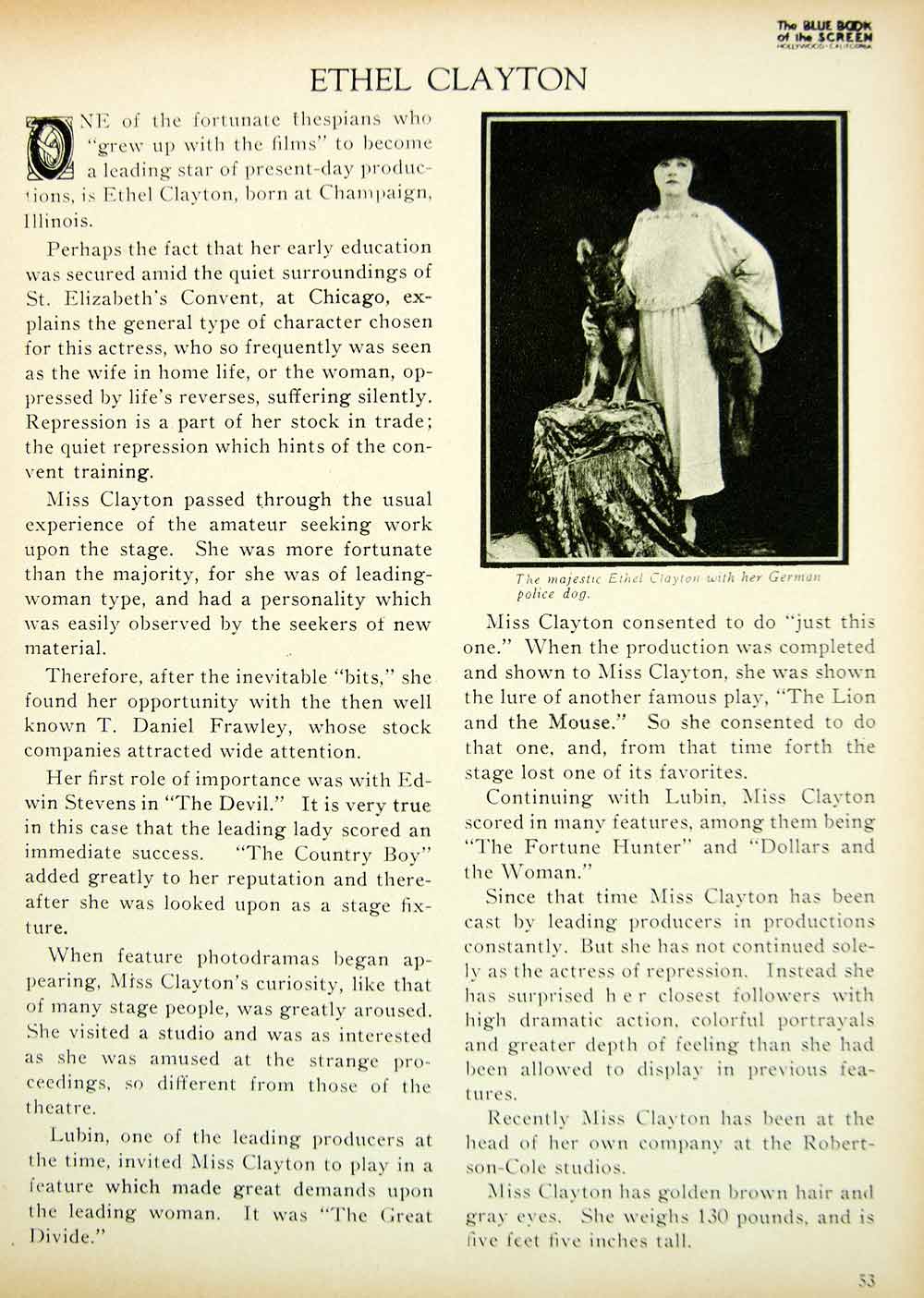 1923 Print Ethel Clayton Silent Film Actress Star Movie Portrait Biography BBS1