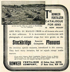 1893 Ad Bowker Stockbridge Farm Manure Fertilizer 43 Chatham St Boston MA CCG1