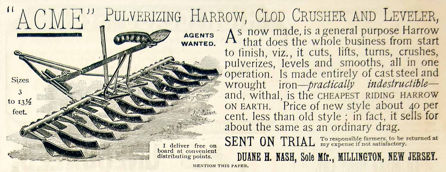 1893 Ad Acme Pulverizing Riding Harrow Clod Crusher Leveler Agriculture CCG1