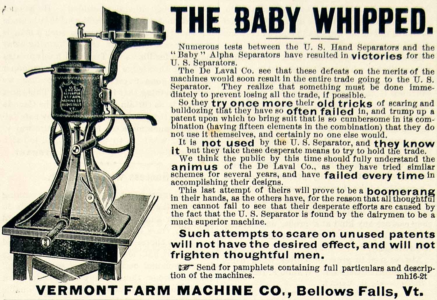 1893 Ad Vermont Farm Machine Dairy Farm Milk Cream Separator Baby Whipped CCG1