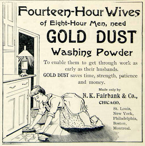 1893 Ad Gold Dust Washing Powder NK Fairbank Fourteen Hour Housewife Floor CCG1