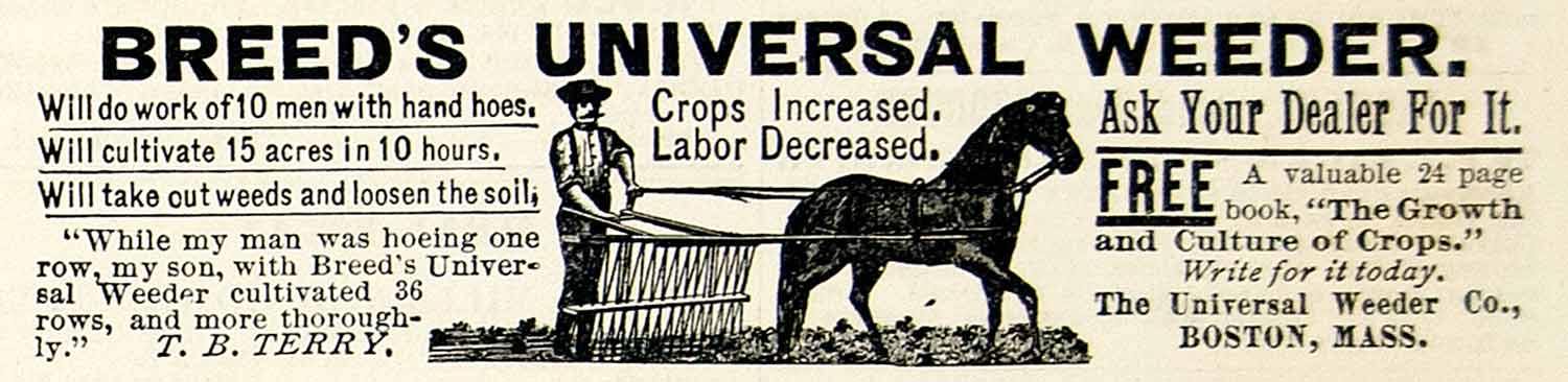 1893 Ad Breeds Universal Weeder Horse Farmer Field Machinery Hoe Boston MA CCG1