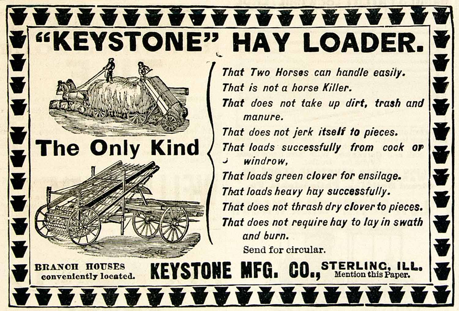 1893 Ad Keystone Hay Loader Wagon Sterling Illinois Horse Farmer CCG1