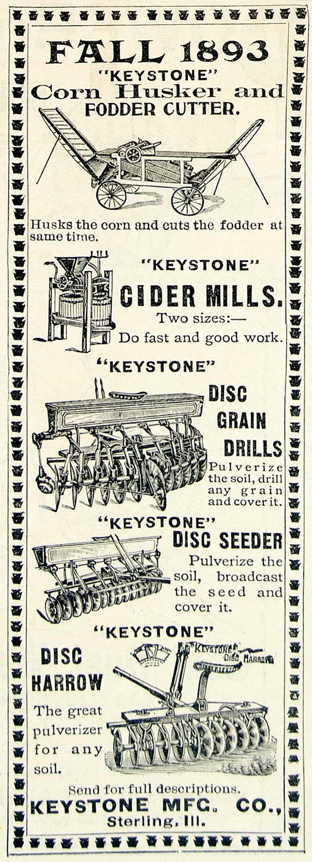 1893 Ad Keystone Corn Husker Fodder Cutter Farm Machinery Cider Mill Disc CCG1