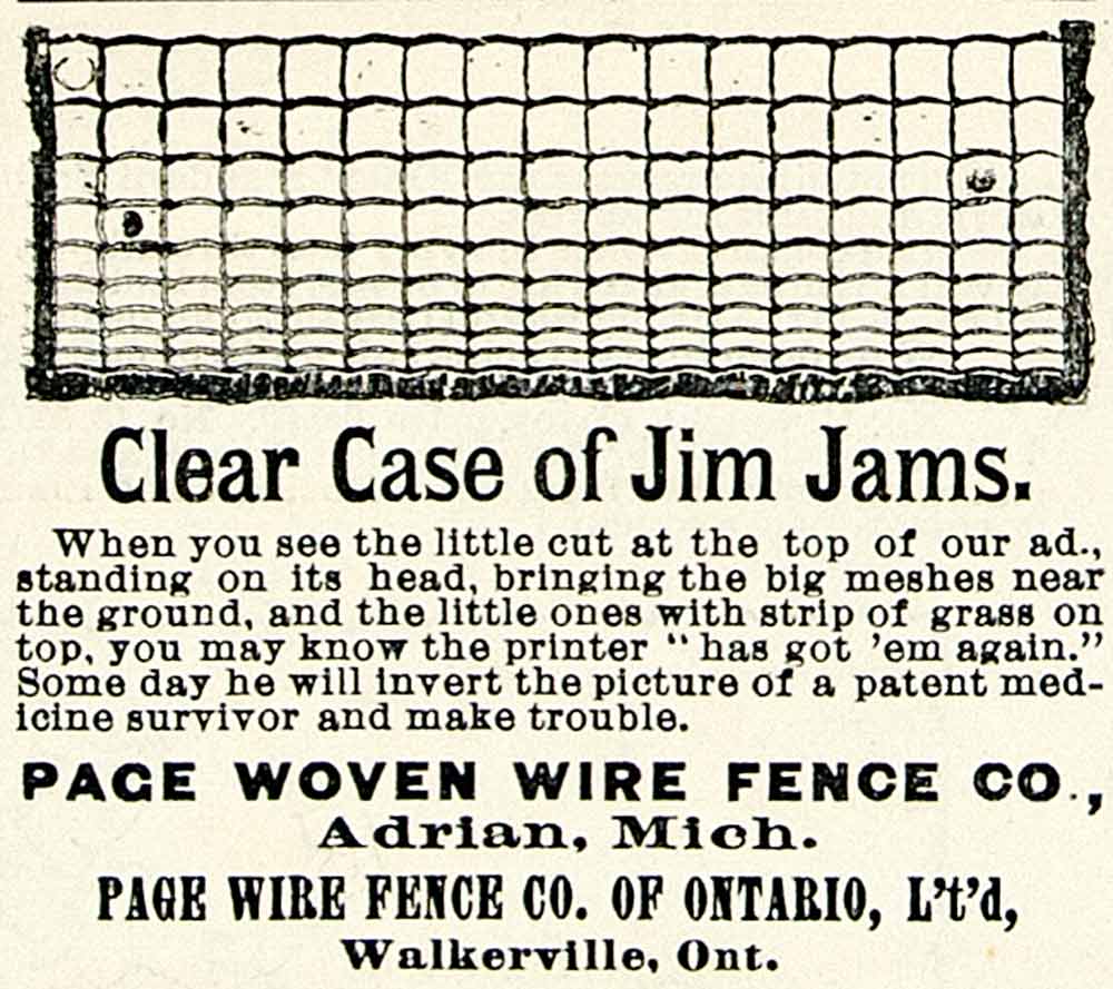 1893 Ad Page Woven Wire Fence Case Jim Jams Farming Metal Enclosure Adrian CCG1