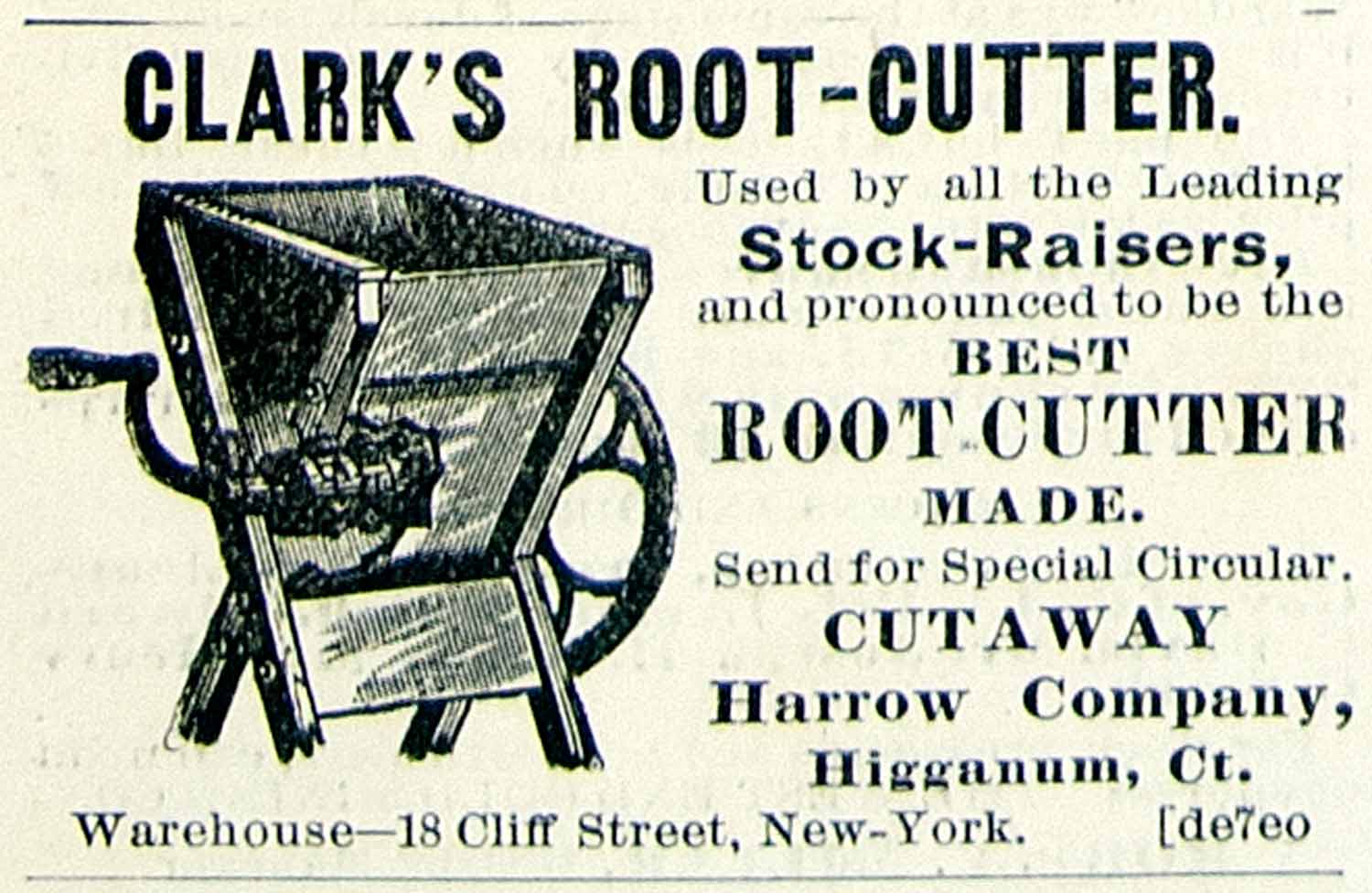 1893 Ad Clark Root Cutter 18 Cliff St NY Hand Crank Farm Machinery Circular CCG1